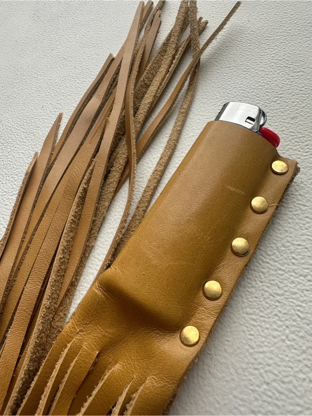 Yellow/Tan Leather Fringe Lighter Holder